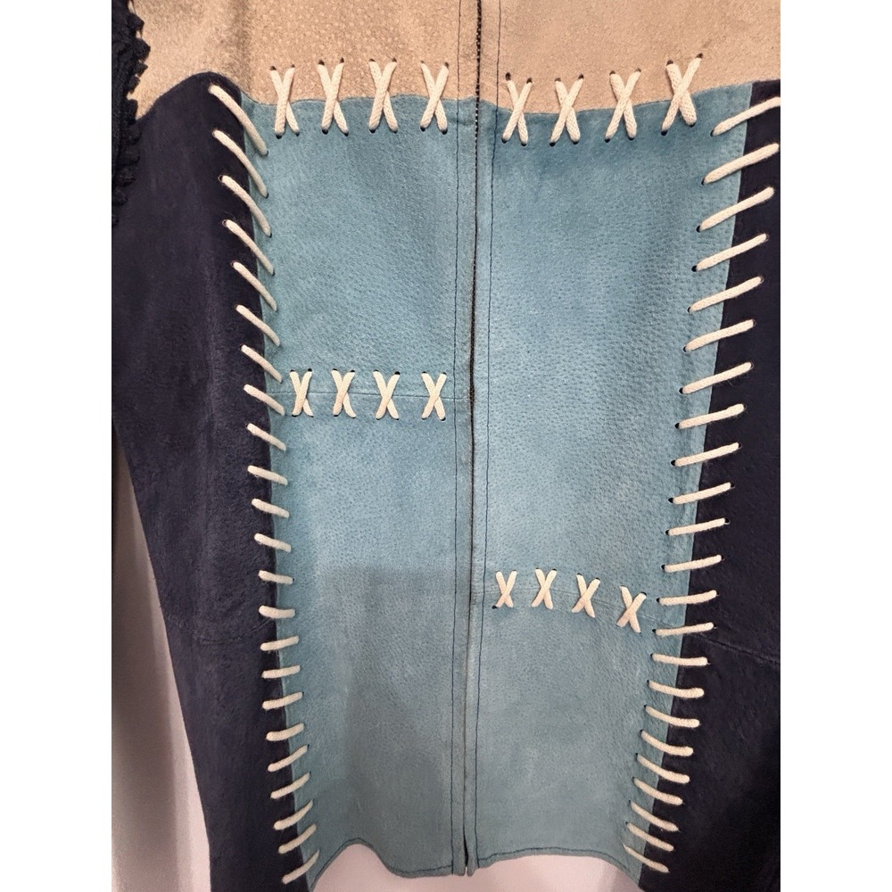 Big Studio Works Small Women's Leather Patchwork Blue Gray Full Zip Whipstitch - Picture 2 of 10